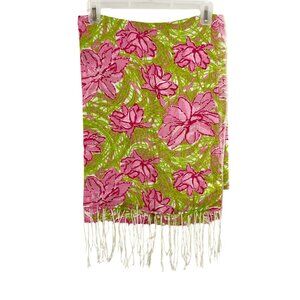 Lilly Pulitzer Murfee Scarf Hibiscus Pin Serenity Green Pink Cashmere Silk